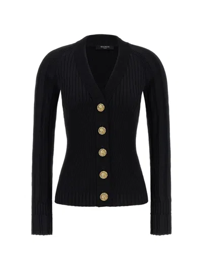 Balmain Black Viscose Cardigan Classic Short In Multi