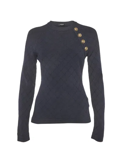 Pre-owned Balmain Button-detail Diamond-knit Sweater In Blue