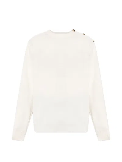 Balmain Crew Neck Top Button Detail Ribbed Trim In White
