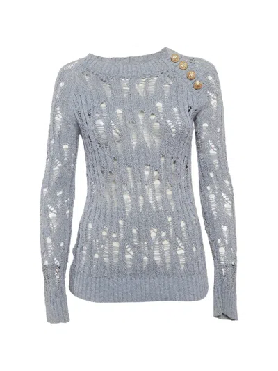 Pre-owned Balmain Button-detail Open-knit Sweater In Blue
