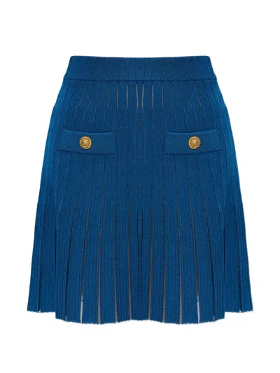 Balmain Button-detail Pleated Skirt In Blue