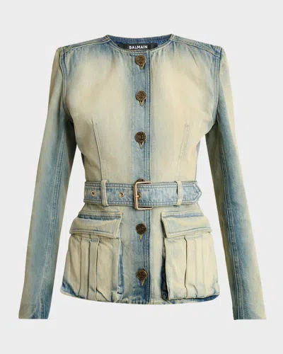 Balmain Button-down Belted Denim Top In Blue