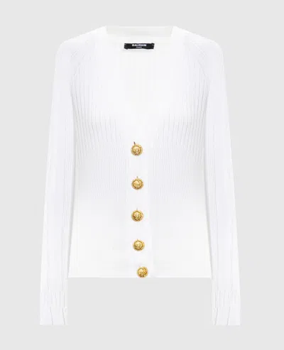 Balmain Button-down V-neck Knit Sweater In White