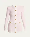 Balmain Buttoned Boucle Knit Strong-shoulder Mini Dress In Pink