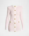 Balmain Buttoned Boucle Knit Strong-shoulder Mini Dress In Pink