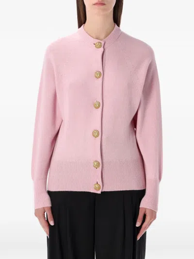 Balmain Cardigan Knit Long Sleeves Ribbed Trims In Pink