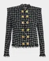 Balmain Black Checks Round Neck Blazer In Black