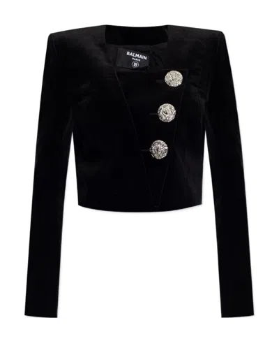 Balmain Embellished Cropped Blazer In Black Velvet