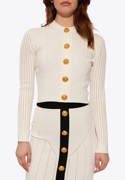 Balmain Buttoned-embellished Crewneck Cardigan In White