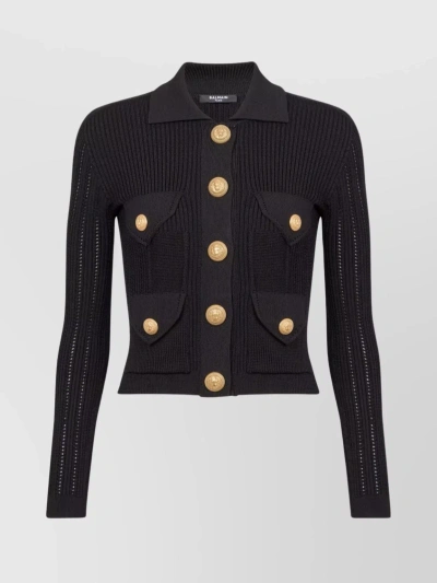 BALMAIN BUTTONED FRONT KNIT CARDIGAN WITH LONG SLEEVES AND PATCH POCKETS