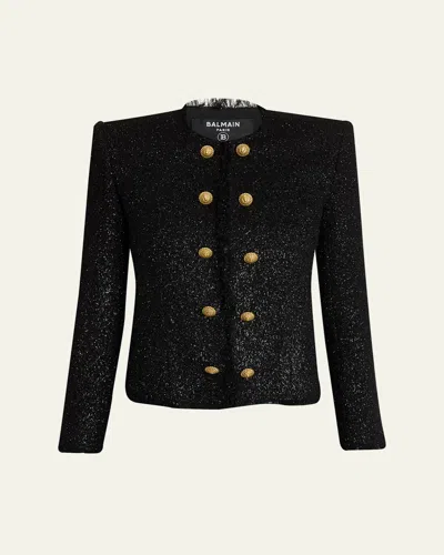 Balmain Buttoned Glitter Tweed Cardigan In Black