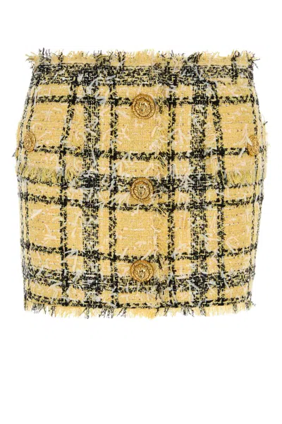 Balmain Buttoned Glittered Tweed Mini Skirt In Yellow