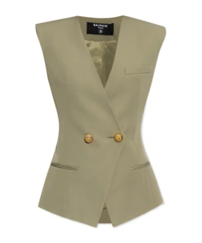 Balmain Double-breasted Grain De Poudre Waistcoat In Green