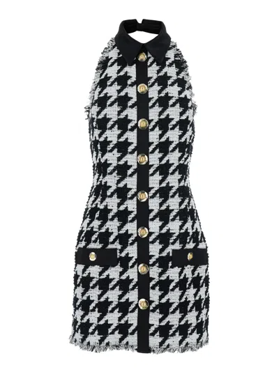 BALMAIN BLACK AND WHITE HALTERNECK MINI DRESS WITH HOUNDSTOOTH MOTIF IN TWEED AND SATIN WOMAN