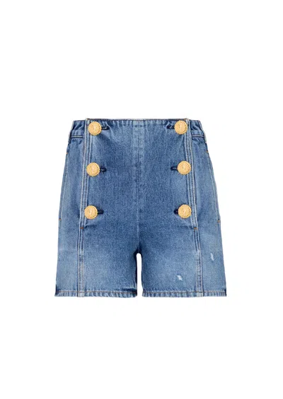 Balmain 6-button High Waist Denim Shorts In Blue