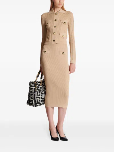 Balmain Buttoned Knit Midi Skirt In Brown