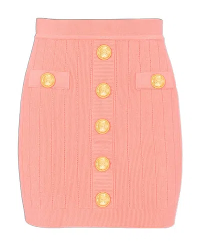 Balmain Logo Button Knit Skirt In Pink
