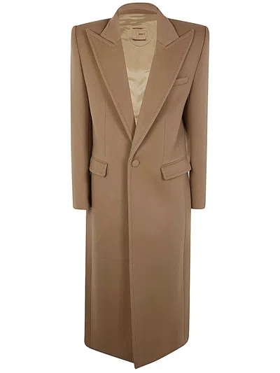 Balmain Buttoned Long Coat In Brown