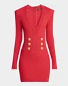 Balmain Buttoned Long-sleeve Pointelle Knit Mini Dress In Bright Red