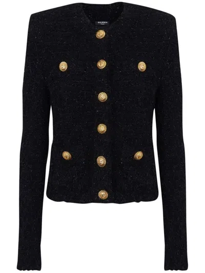 Balmain Buttoned Maze Tweed Jacket In Black