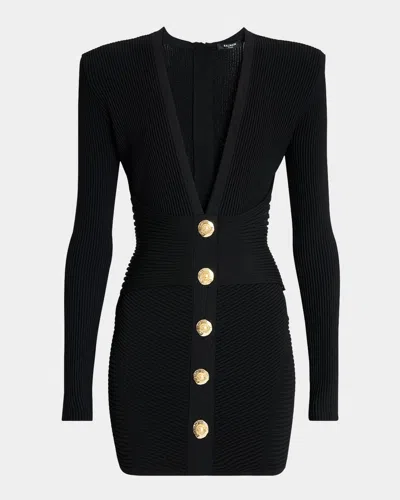 Balmain Buttoned Plunging Rib Knit Mini Dress
