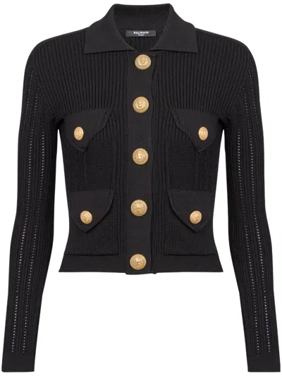 Balmain Ribbed Texture Knit Cardigan With Gold Buttons In Black
