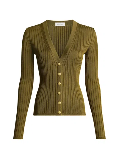 Balmain Buttoned Ribbed Knit Cardigan In Brown