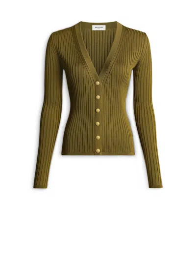 Balmain Buttoned Ribbed Knit Cardigan In Green