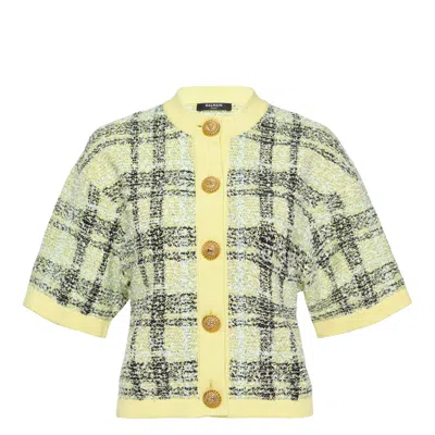Balmain Yellow Buttoned Shiny Light Tweed Cardigan