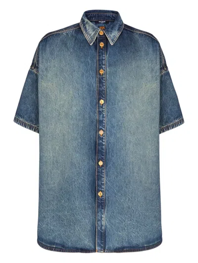 Balmain Men Short-sleeved Button-up Shirt In Blue