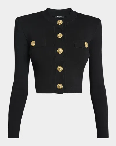 Balmain Buttoned Strong-shoulder Knit Crop Jacket In Black