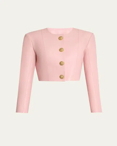 Balmain Buttoned Strong-shoulder Leather Crop Jacket In Pink