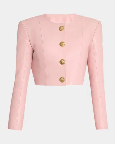Balmain Women Long Sleeves Buttoned Lambskin Cropped Jacket In Pink