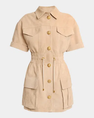Balmain Buttoned Suede Leather Dress In Brown