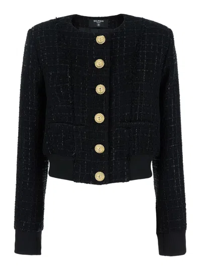Balmain Buttoned Tweed Blouson In Black