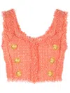 Balmain Buttoned Tweed Cropped Top In Orange