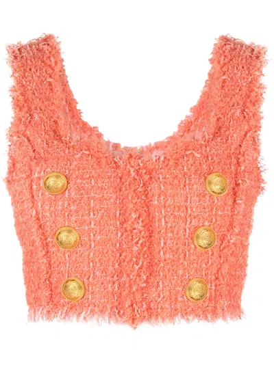 Balmain Buttoned Tweed Cropped Top In Orange
