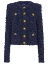 Balmain Blue Collarless Jacket With Gold Buttons In Tweed Woman In Blue