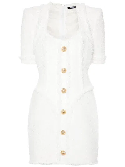Balmain Embossed Button Short Dress In White