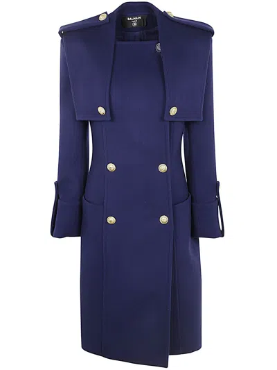 Balmain Women's Buttoned Wool & Cashmere Trench Coat In Blue