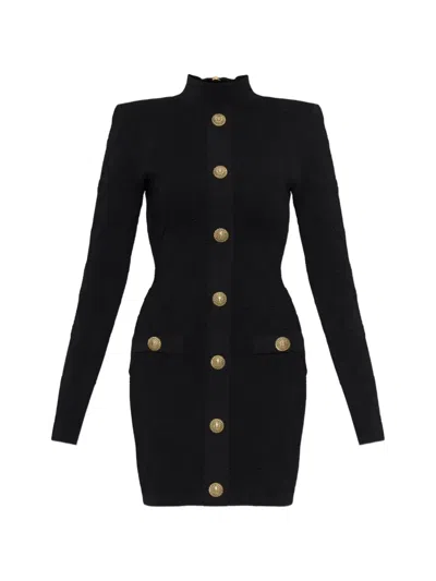 Balmain Button-embellished Diamond-knit Mini Dress In Black