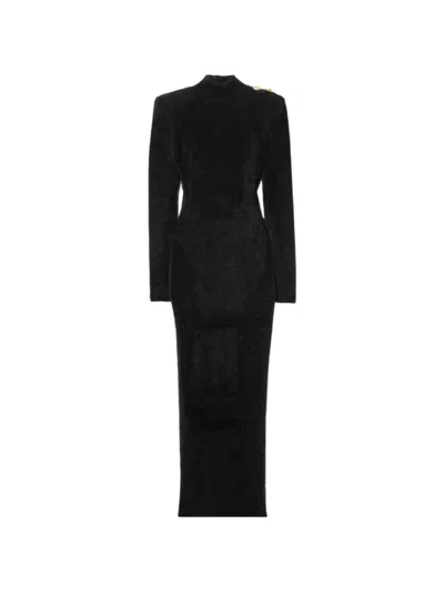 Balmain Button-embellished Long-sleeve Dress In Black