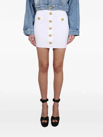 Balmain Button-embellished Ribbed Skirt In White