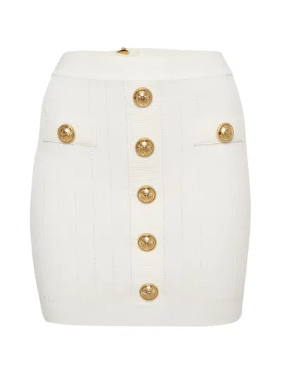 Pre-owned Balmain Button-embellished Rib-knit Fitted Mini Skirt In White