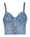 Balmain Button-embellished Denim Bustier Top In Blue