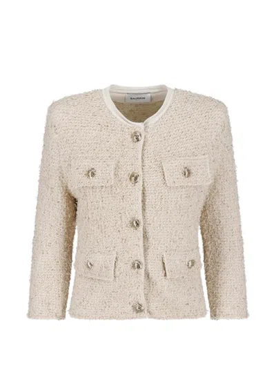 Balmain Button-up Tweed Jacket In Neutral