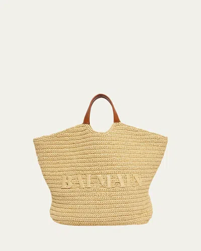 Balmain Cabas Large Faux Raffia Tote Bag In Brown