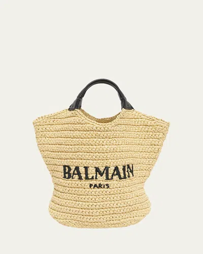 Balmain Cabas Mini Faux Raffia Top-handle Bag In Black