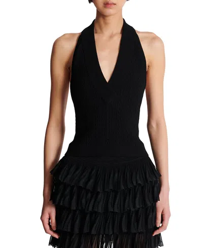 Balmain Ribbed Cable-knit Halterneck Top In Black