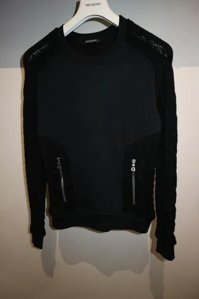 Pre-owned Balmain Cable Knit Jersey Sweatshirt In Black